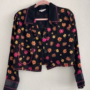 Womens Floral Button-Front Jean Jacket - Black with Pink & Gold Flowers